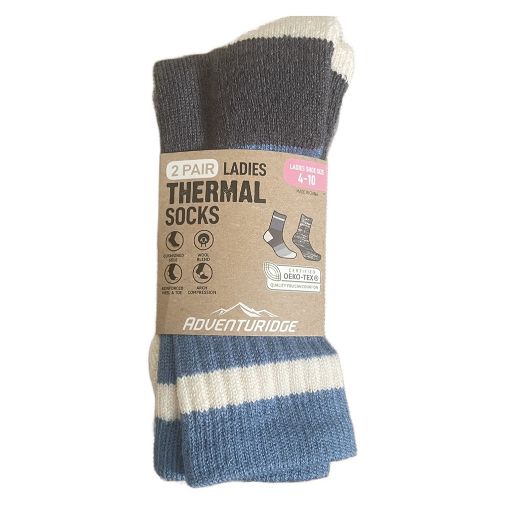 Adventuridge 2 Pr Ladies Thermal Wool Blend Socks Shoe 4-10 Certified Oeko-Tex